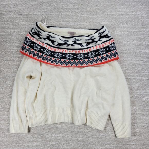 H&M Festive Reindeer Sweater Womens L White Off The Shoulder Holiday Christmas - Picture 16 of 16